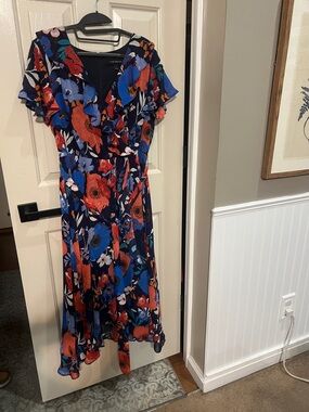 Floral V-Neck Midi Dress in Navy with Red & Blue Blooms